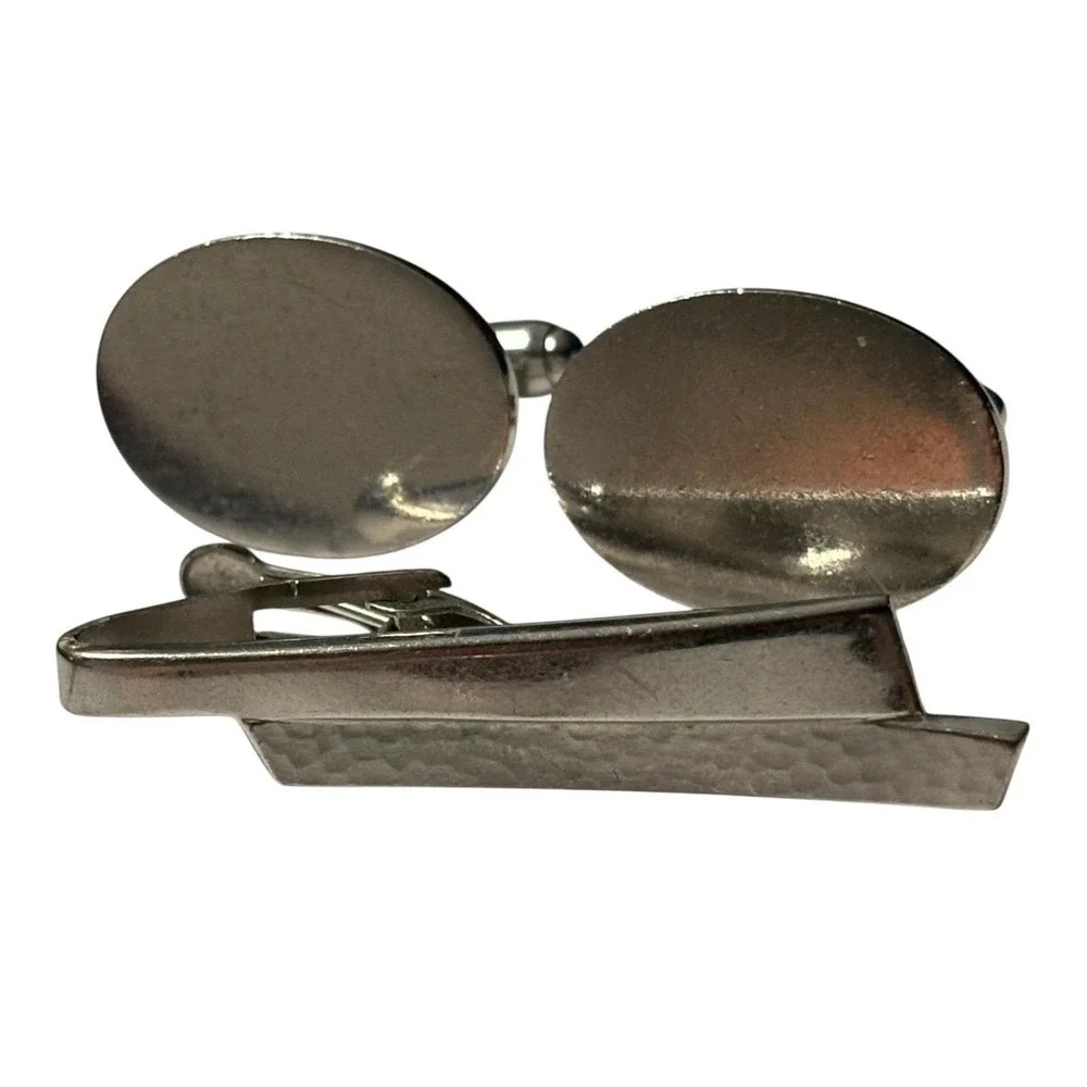 Vintage Cufflinks Tie Bar Signed Anson & Foster Mens Silver‎ Tone Classic Formal